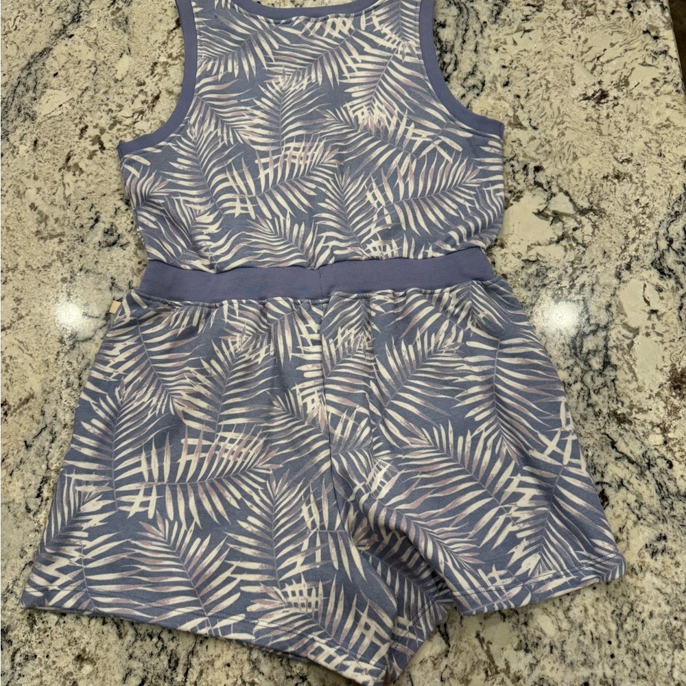 Ecothreads Palm Print Romper Periwinkle Blue Tropical Tie Waist - Picture 10 of 10